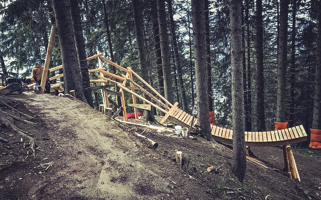 Volunteers bauen im Wald eine Northshore aus Holz