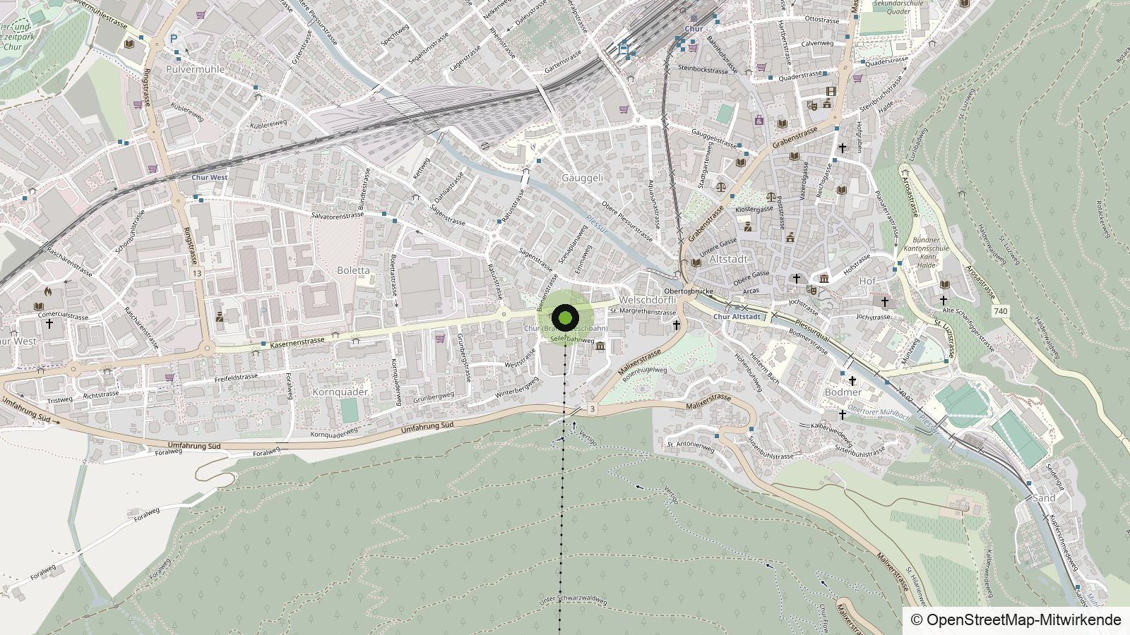 Stadtplan von Chur mit Markierung bei der Talstation der Brambrüeschbahn an der Kasernenstrasse